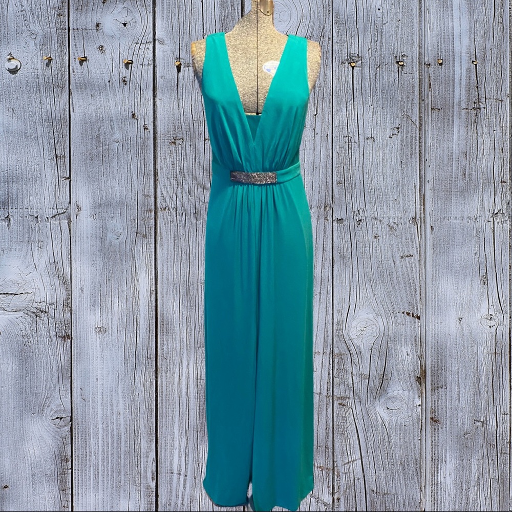 Halston Heritage Green V-Neck Maxi Dress with Embellished Waist - Picture 2 of 9